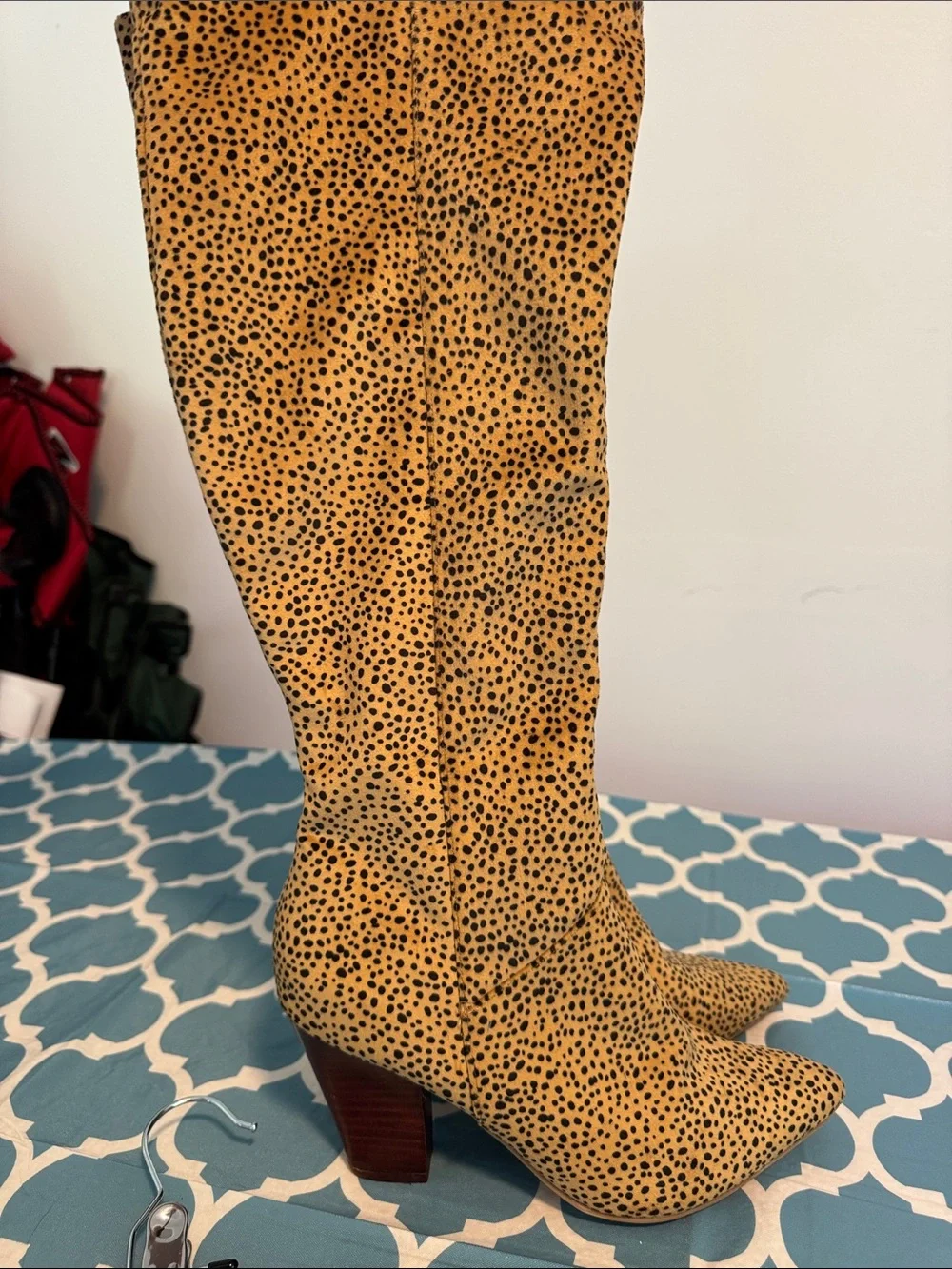 Leopard Print Knee-High Block Heel Boots - Yellow